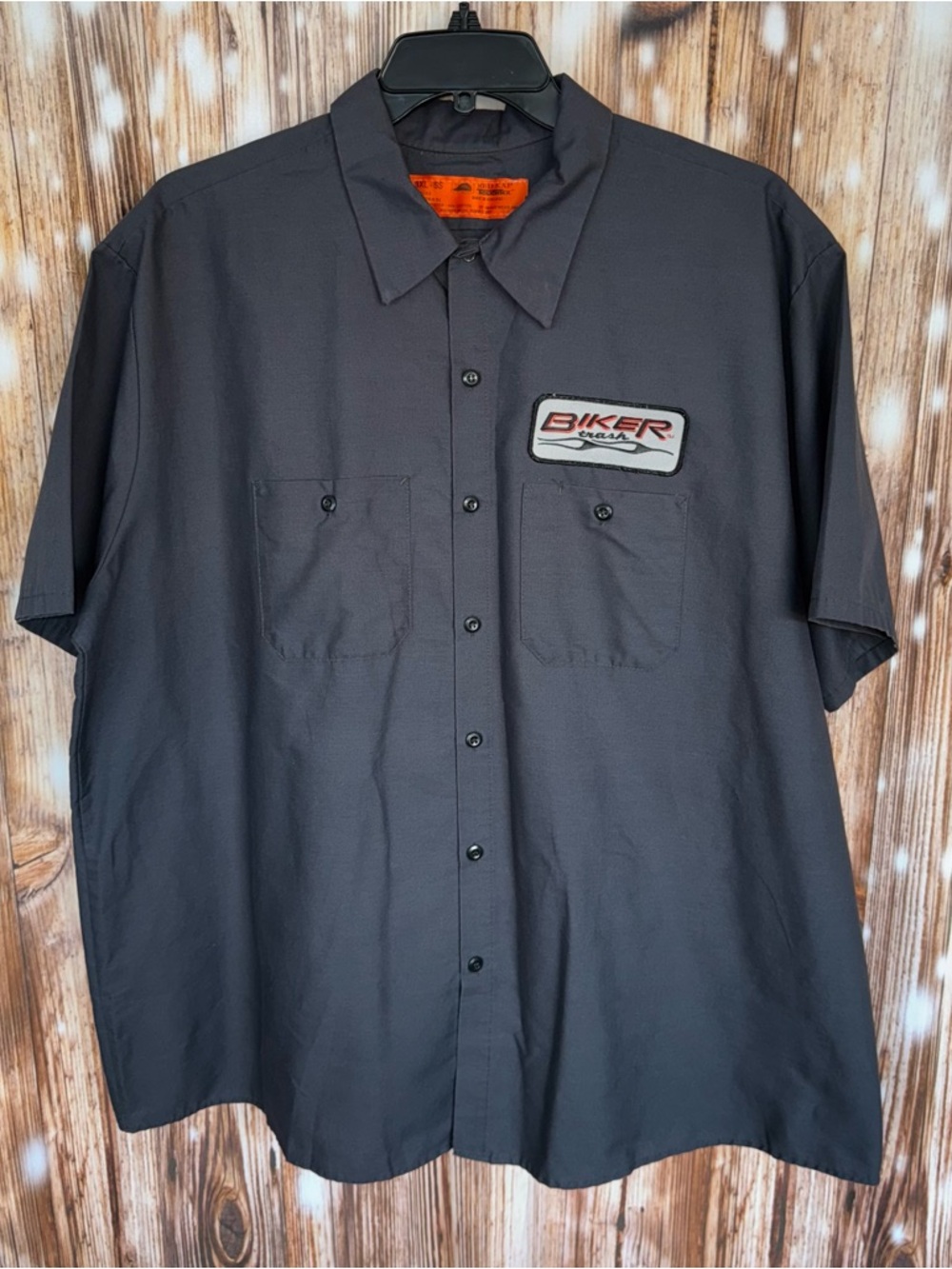 Red Kap Touchtex Biker Trash Patch Short Sleeve Collared Button Up Work Shirt